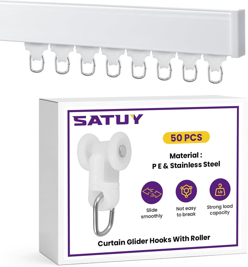 Catuy 50 Pcs Curtain Glider Track Rail Runners, Heavy Duty Mute Wheel Curtain Glider Hooks with Dual Rollers for Universal Ceiling Drapes Room Dividers Shower Curtains Window Treatments - Image 1